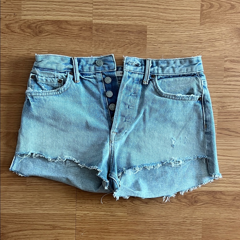 GRLFRND Light Blue Frayed Jean Shorts